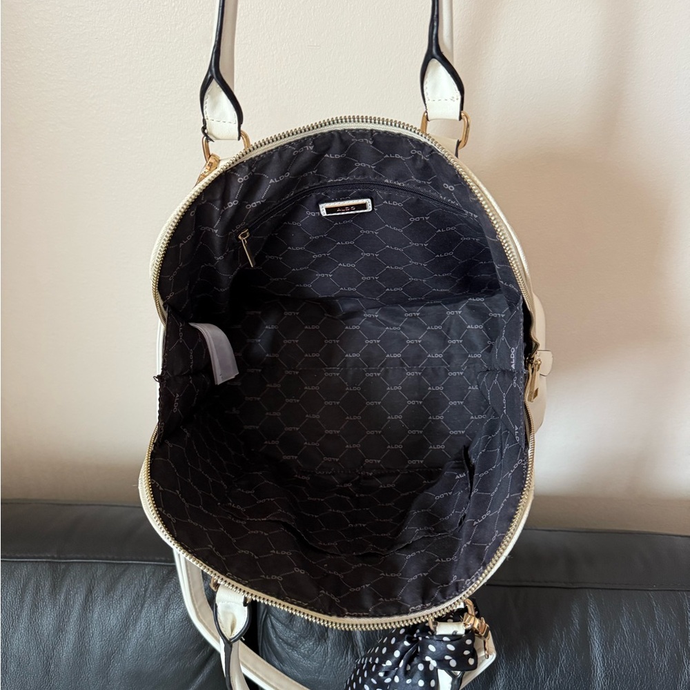 Aldo White Structured Satchel with Black Polka Dot Scarf - Picture 5 of 7